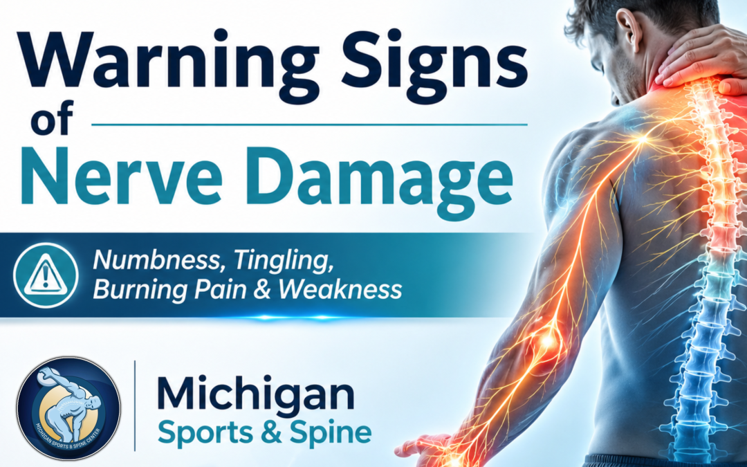 Nerve-related symptoms can be easy to ignore at first. Maybe your hand “falls asleep” more often than usual. Maybe your leg feels weak after sitting. Maybe you notice burning pain, tingling, numbness, or an electric shock-like feeling that comes and goes. But when those symptoms keep returning, spread, or begin affecting daily life, they may be warning signs of nerve damage. In a recent Michigan Sports & Spine Center video, Dr. Jeff S. Pierce discussed Michigan Sports & Spine staff, appointments, and some warning signs of nerve damage. This is an important topic because nerve issues do not always begin with severe pain. Sometimes, the earliest signs are subtle: tingling, numbness, weakness, balance changes, or pain that travels from the spine into the arms or legs. At Michigan Sports & Spine Center, the focus is on finding the source of pain through a comprehensive evaluation, proper diagnosis, and an individualized treatment plan. What Is Nerve Damage? Nerves act like the body’s communication system. They send signals between the brain, spinal cord, muscles, skin, and organs. When a nerve becomes irritated, compressed, inflamed, or injured, those signals may not travel correctly. That can lead to symptoms such as: * Numbness * Tingling or “pins and needles” * Burning pain * Sharp, stabbing, or electric-like pain * Muscle weakness * Loss of balance or coordination * Pain that travels into the arm, hand, leg, or foot Warning Sign #1: Numbness or Tingling That Does Not Go Away One of the most common signs of nerve irritation is numbness or tingling. This may feel like pins and needles, buzzing, crawling, or a body part “falling asleep.” Temporary tingling can happen from posture or pressure, but symptoms that keep returning or do not go away should be evaluated. Persistent numbness may mean a nerve is being compressed or irritated somewhere along its pathway. For example, numbness in the hand may be related to the neck, shoulder, elbow, wrist, or a peripheral nerve issue. Numbness in the leg or foot may be connected to the lower back, hip, sciatic nerve, or another nerve pathway. Warning Sign #2: Burning, Sharp, or Electric Pain Nerve pain often feels different from muscle soreness. Patients may describe it as burning, shooting, stabbing, shocking, or radiating. This type of pain may travel from one area to another, such as from the lower back into the buttock, leg, or foot. That radiating pattern is why it is important to look beyond the area where the pain is felt. The pain may show up in the leg, but the source may be a pinched nerve in the spine. Warning Sign #3: Weakness in the Arms, Hands, Legs, or Feet Weakness can be a more serious nerve-related warning sign. If you notice trouble gripping objects, lifting your foot, climbing stairs, getting out of a chair, or keeping your balance, it may point to nerve involvement. Muscle weakness can happen when the nerve signals between the brain, spinal cord, and muscles are disrupted. This is one reason a professional evaluation is important. The goal is not only to reduce pain, but also to protect function, movement, and quality of life. Warning Sign #4: Balance Problems or Feeling Unsteady Nerve issues can affect how your body senses position and movement. When nerve communication is disrupted, you may feel clumsy, unstable, or more likely to trip. Balance issues should not be ignored, especially when paired with numbness, tingling, leg weakness, or foot symptoms. These signs may increase fall risk and interfere with walking, working, driving, exercise, and everyday activities. Warning Sign #5: Pain After a Sports Injury, Auto Accident, or Work Injury Nerve symptoms can appear after trauma or repetitive strain. A sports injury, car accident, workplace injury, fall, or lifting injury may irritate the spine, muscles, discs, joints, or surrounding nerves. If symptoms start after an accident or injury, it is important to get evaluated early. Waiting too long can allow pain patterns, weakness, stiffness, and compensation habits to worsen. Why Proper Diagnosis Matters Nerve pain can come from many different sources. It may be related to a pinched nerve, disc problem, spinal condition, muscle imbalance, joint dysfunction, inflammation, diabetes-related neuropathy, repetitive motion, or another medical issue. That is why guessing is not enough. Michigan Sports & Spine Center emphasizes the importance of a comprehensive exam, proper diagnosis, and individualized treatment. Their specialists evaluate the whole body, not just the injury, while reviewing movement, biomechanics, health history, and patient concerns. How Michigan Sports & Spine Can Help Michigan Sports & Spine offers several non-surgical services that may help evaluate and treat pain connected to nerve, spine, muscle, and joint issues. These may include: Comprehensive Exam A detailed evaluation helps identify where the symptoms are coming from and what treatment plan may be most appropriate. EMG Testing An electromyogram, or EMG, records electrical activity in muscles and can help evaluate nerve and muscle function. Physical Therapy Physical therapy can help restore movement, improve strength, support mobility, and help patients participate actively in their recovery. MSK Ultrasound Musculoskeletal ultrasound is a safe, painless imaging tool that uses sound waves to view muscles, tendons, ligaments, joints, and soft tissue in real time. Non-Surgical Treatment Options Michigan Sports & Spine Center focuses on non-invasive and non-surgical treatments designed to help patients return to normal lifestyle with less pain and less recovery time. Do Not Ignore Nerve Symptoms Nerve damage warning signs can start small, but they should not be dismissed when they continue, worsen, or interfere with your life. If you are experiencing numbness, tingling, burning pain, weakness, balance problems, or radiating pain from the neck or back into the arms or legs, it may be time for a closer look. The earlier you understand the cause, the sooner you can begin the right treatment plan. Take the Next Step Toward Nerve Pain Relief Experiencing numbness, tingling, burning pain, weakness, or nerve-related symptoms? Don’t wait for the pain to get worse. At Michigan Sports & Spine Center, our team helps patients identify the source of nerve pain through a comprehensive evaluation and personalized non-surgical treatment plan. Whether your symptoms are related to a pinched nerve, sciatica, neck pain, back pain, sports injury, auto accident, or work injury, we offer advanced services such as EMG testing, physical therapy, musculoskeletal ultrasound, injections, regenerative medicine, and non-surgical spine care to help you move better and feel better. Take the next step toward relief today. Call Michigan Sports & Spine Center at 248-426-9944 or visit MichiganSportsandSpine.com to schedule your consultation.