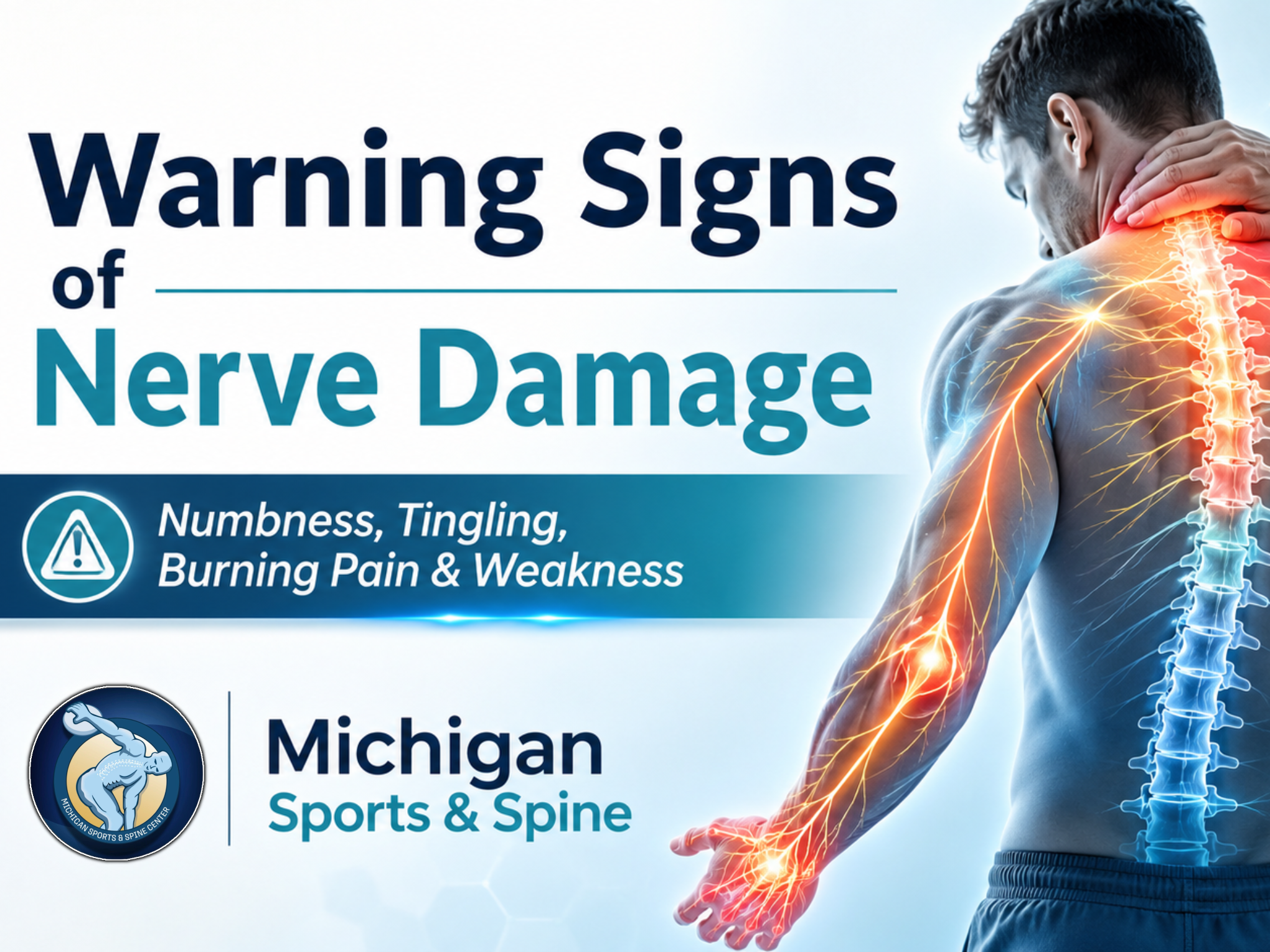 Nerve-related symptoms can be easy to ignore at first. Maybe your hand “falls asleep” more often than usual. Maybe your leg feels weak after sitting. Maybe you notice burning pain, tingling, numbness, or an electric shock-like feeling that comes and goes. But when those symptoms keep returning, spread, or begin affecting daily life, they may be warning signs of nerve damage. In a recent Michigan Sports & Spine Center video, Dr. Jeff S. Pierce discussed Michigan Sports & Spine staff, appointments, and some warning signs of nerve damage. This is an important topic because nerve issues do not always begin with severe pain. Sometimes, the earliest signs are subtle: tingling, numbness, weakness, balance changes, or pain that travels from the spine into the arms or legs. At Michigan Sports & Spine Center, the focus is on finding the source of pain through a comprehensive evaluation, proper diagnosis, and an individualized treatment plan. What Is Nerve Damage? Nerves act like the body’s communication system. They send signals between the brain, spinal cord, muscles, skin, and organs. When a nerve becomes irritated, compressed, inflamed, or injured, those signals may not travel correctly. That can lead to symptoms such as: * Numbness * Tingling or “pins and needles” * Burning pain * Sharp, stabbing, or electric-like pain * Muscle weakness * Loss of balance or coordination * Pain that travels into the arm, hand, leg, or foot Warning Sign #1: Numbness or Tingling That Does Not Go Away One of the most common signs of nerve irritation is numbness or tingling. This may feel like pins and needles, buzzing, crawling, or a body part “falling asleep.” Temporary tingling can happen from posture or pressure, but symptoms that keep returning or do not go away should be evaluated. Persistent numbness may mean a nerve is being compressed or irritated somewhere along its pathway. For example, numbness in the hand may be related to the neck, shoulder, elbow, wrist, or a peripheral nerve issue. Numbness in the leg or foot may be connected to the lower back, hip, sciatic nerve, or another nerve pathway. Warning Sign #2: Burning, Sharp, or Electric Pain Nerve pain often feels different from muscle soreness. Patients may describe it as burning, shooting, stabbing, shocking, or radiating. This type of pain may travel from one area to another, such as from the lower back into the buttock, leg, or foot. That radiating pattern is why it is important to look beyond the area where the pain is felt. The pain may show up in the leg, but the source may be a pinched nerve in the spine. Warning Sign #3: Weakness in the Arms, Hands, Legs, or Feet Weakness can be a more serious nerve-related warning sign. If you notice trouble gripping objects, lifting your foot, climbing stairs, getting out of a chair, or keeping your balance, it may point to nerve involvement. Muscle weakness can happen when the nerve signals between the brain, spinal cord, and muscles are disrupted. This is one reason a professional evaluation is important. The goal is not only to reduce pain, but also to protect function, movement, and quality of life. Warning Sign #4: Balance Problems or Feeling Unsteady Nerve issues can affect how your body senses position and movement. When nerve communication is disrupted, you may feel clumsy, unstable, or more likely to trip. Balance issues should not be ignored, especially when paired with numbness, tingling, leg weakness, or foot symptoms. These signs may increase fall risk and interfere with walking, working, driving, exercise, and everyday activities. Warning Sign #5: Pain After a Sports Injury, Auto Accident, or Work Injury Nerve symptoms can appear after trauma or repetitive strain. A sports injury, car accident, workplace injury, fall, or lifting injury may irritate the spine, muscles, discs, joints, or surrounding nerves. If symptoms start after an accident or injury, it is important to get evaluated early. Waiting too long can allow pain patterns, weakness, stiffness, and compensation habits to worsen. Why Proper Diagnosis Matters Nerve pain can come from many different sources. It may be related to a pinched nerve, disc problem, spinal condition, muscle imbalance, joint dysfunction, inflammation, diabetes-related neuropathy, repetitive motion, or another medical issue. That is why guessing is not enough. Michigan Sports & Spine Center emphasizes the importance of a comprehensive exam, proper diagnosis, and individualized treatment. Their specialists evaluate the whole body, not just the injury, while reviewing movement, biomechanics, health history, and patient concerns. How Michigan Sports & Spine Can Help Michigan Sports & Spine offers several non-surgical services that may help evaluate and treat pain connected to nerve, spine, muscle, and joint issues. These may include: Comprehensive Exam
A detailed evaluation helps identify where the symptoms are coming from and what treatment plan may be most appropriate. EMG Testing
An electromyogram, or EMG, records electrical activity in muscles and can help evaluate nerve and muscle function. Physical Therapy
Physical therapy can help restore movement, improve strength, support mobility, and help patients participate actively in their recovery. MSK Ultrasound
Musculoskeletal ultrasound is a safe, painless imaging tool that uses sound waves to view muscles, tendons, ligaments, joints, and soft tissue in real time. Non-Surgical Treatment Options
Michigan Sports & Spine Center focuses on non-invasive and non-surgical treatments designed to help patients return to normal lifestyle with less pain and less recovery time. Do Not Ignore Nerve Symptoms Nerve damage warning signs can start small, but they should not be dismissed when they continue, worsen, or interfere with your life. If you are experiencing numbness, tingling, burning pain, weakness, balance problems, or radiating pain from the neck or back into the arms or legs, it may be time for a closer look. The earlier you understand the cause, the sooner you can begin the right treatment plan. Take the Next Step Toward Nerve Pain Relief Experiencing numbness, tingling, burning pain, weakness, or nerve-related symptoms? Don’t wait for the pain to get worse. At Michigan Sports & Spine Center, our team helps patients identify the source of nerve pain through a comprehensive evaluation and personalized non-surgical treatment plan. Whether your symptoms are related to a pinched nerve, sciatica, neck pain, back pain, sports injury, auto accident, or work injury, we offer advanced services such as EMG testing, physical therapy, musculoskeletal ultrasound, injections, regenerative medicine, and non-surgical spine care to help you move better and feel better. Take the next step toward relief today. Call Michigan Sports & Spine Center at 248-426-9944 or visit MichiganSportsandSpine.com to schedule your consultation.